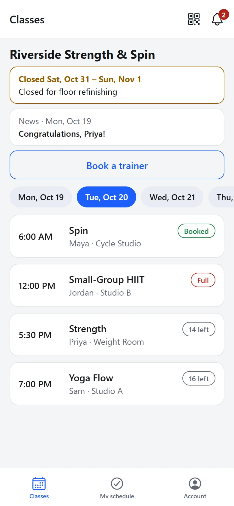 The Motisfit app's Classes tab: tomorrow's Spin, HIIT, Strength and Yoga Flow, with spots left