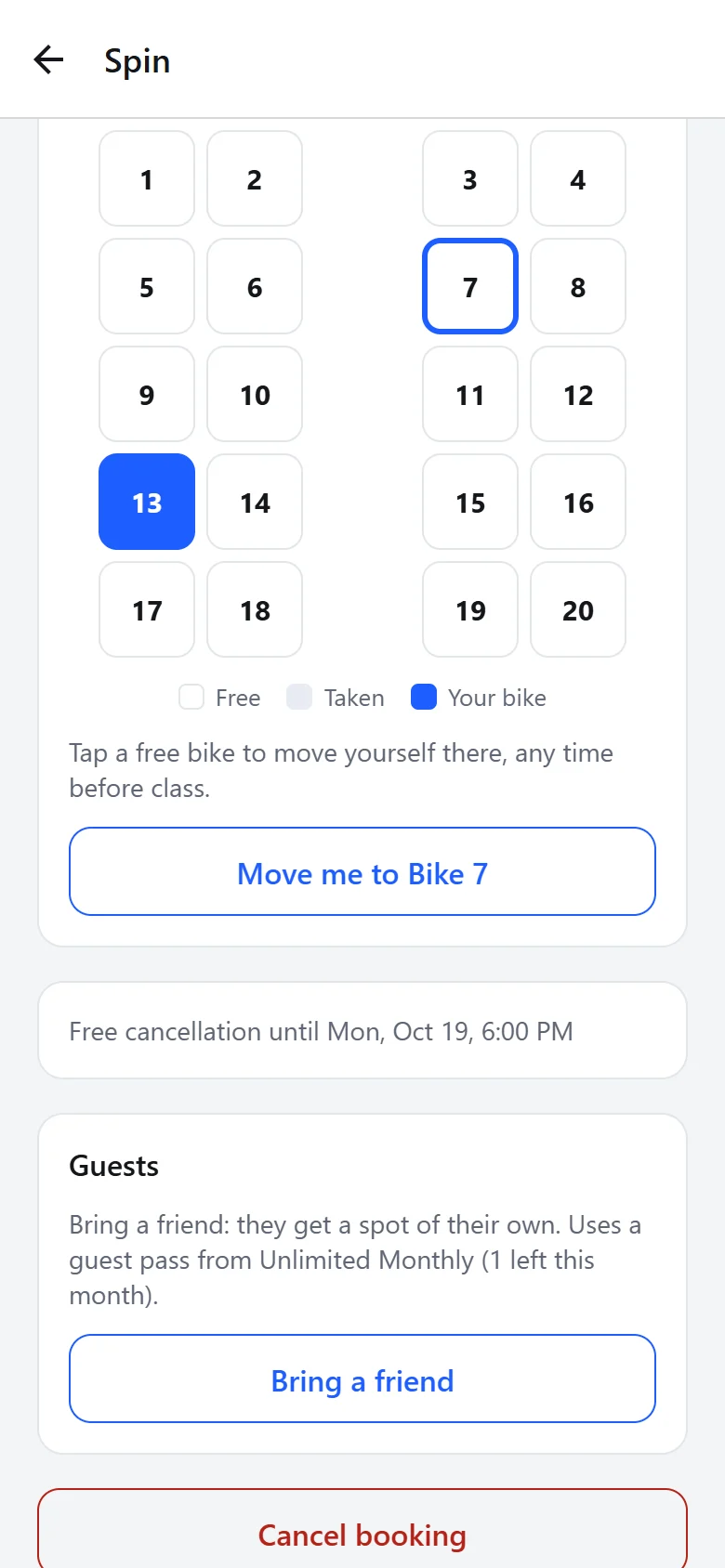 A Spin class in the app: the Cycle Studio's bikes laid out from the front, to pick one